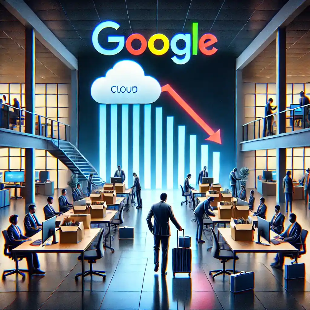 Illustration d’employés de Google quittant leur bureau après des licenciements dans la division cloud, avec un écran en arrière-plan affichant une baisse des performances.