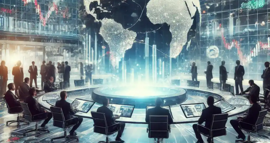 Illustration numérique montrant une chute des prix du pétrole avec un marché boursier en déclin et des traders inquiets sur un fond de négociations géopolitiques.