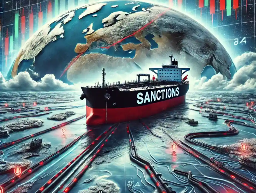 Illustration montrant un pétrolier bloqué par des sanctions, des routes commerciales perturbées et une montée des prix du pétrole.