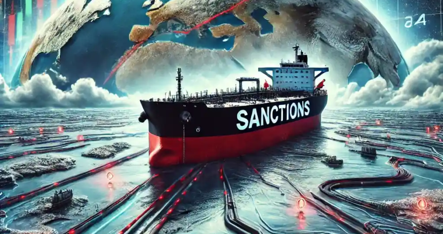 Illustration montrant un pétrolier bloqué par des sanctions, des routes commerciales perturbées et une montée des prix du pétrole.