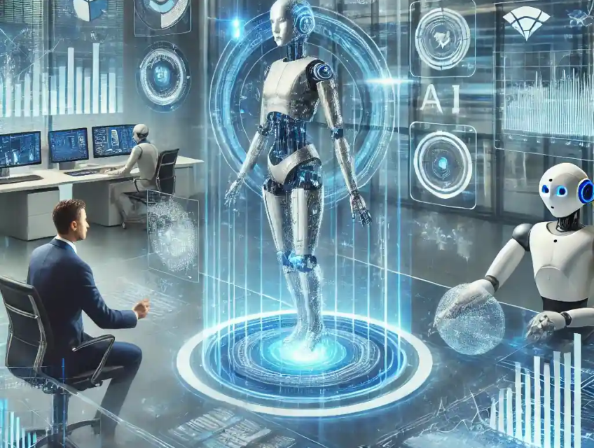 Illustration futuriste montrant l'impact de l'intelligence artificielle sur la gestion de patrimoine, avec un conseiller financier interagissant avec une IA holographique.
