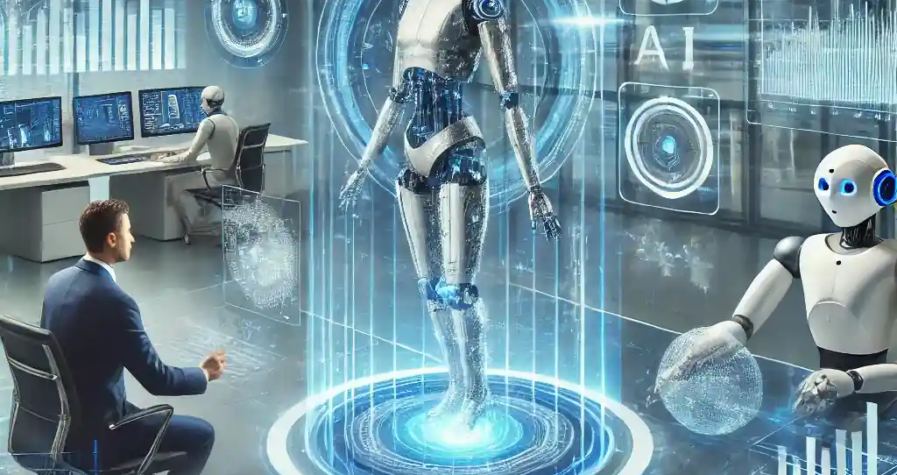 Illustration futuriste montrant l'impact de l'intelligence artificielle sur la gestion de patrimoine, avec un conseiller financier interagissant avec une IA holographique.