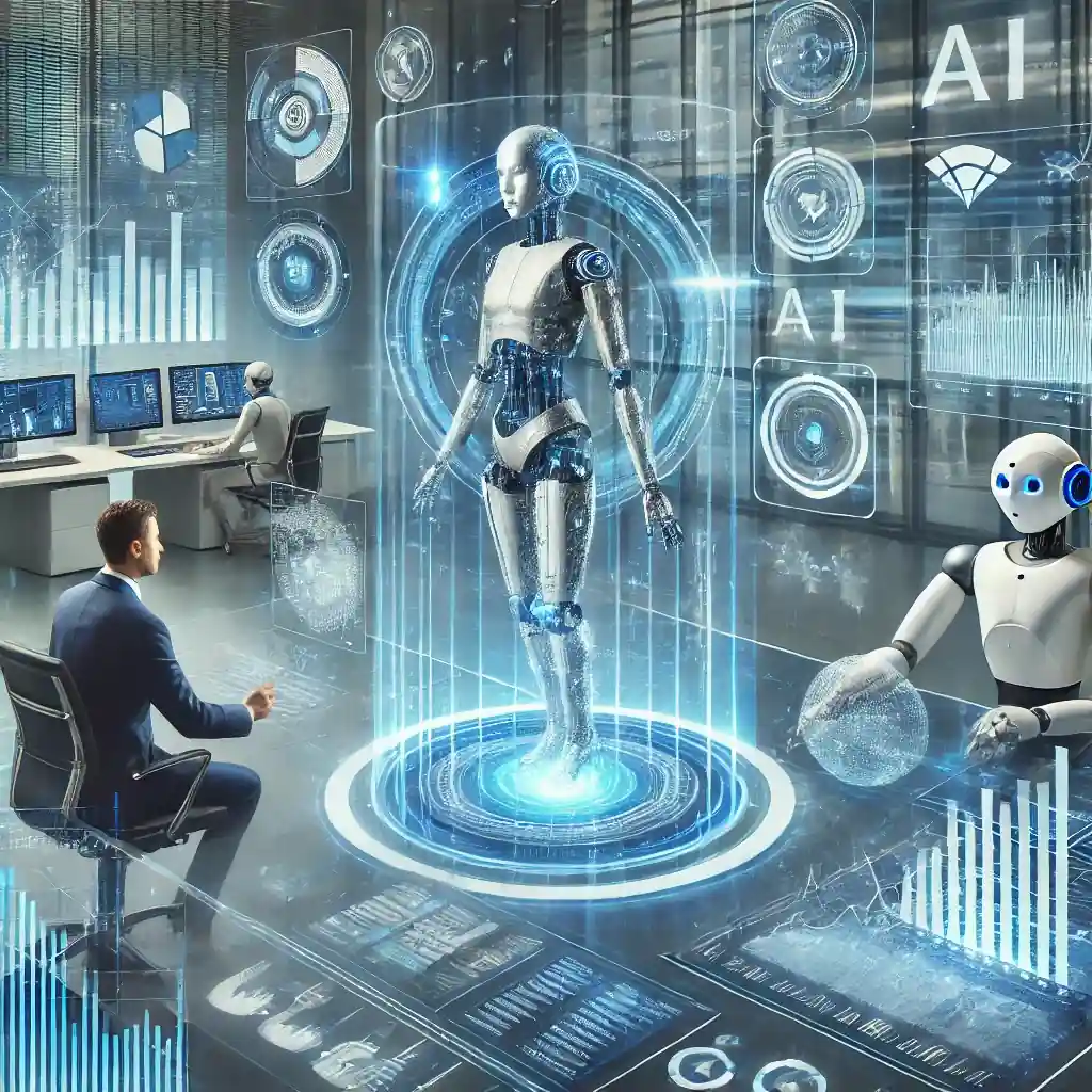 Illustration futuriste montrant l'impact de l'intelligence artificielle sur la gestion de patrimoine, avec un conseiller financier interagissant avec une IA holographique.