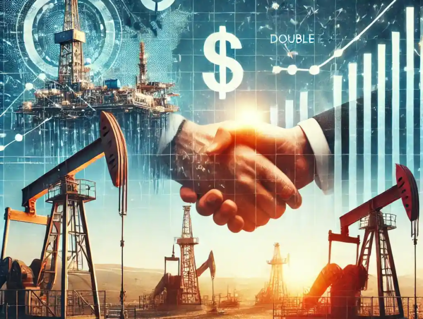 Illustration réaliste montrant l'expansion de Diamondback Energy après l'acquisition de Double Eagle, avec un site pétrolier actif dans le bassin permien et des éléments financiers représentant la croissance.