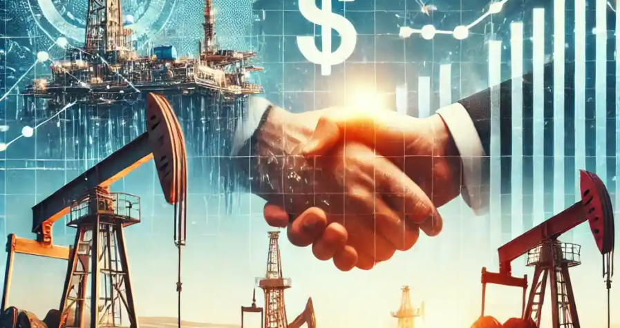 Illustration réaliste montrant l'expansion de Diamondback Energy après l'acquisition de Double Eagle, avec un site pétrolier actif dans le bassin permien et des éléments financiers représentant la croissance.