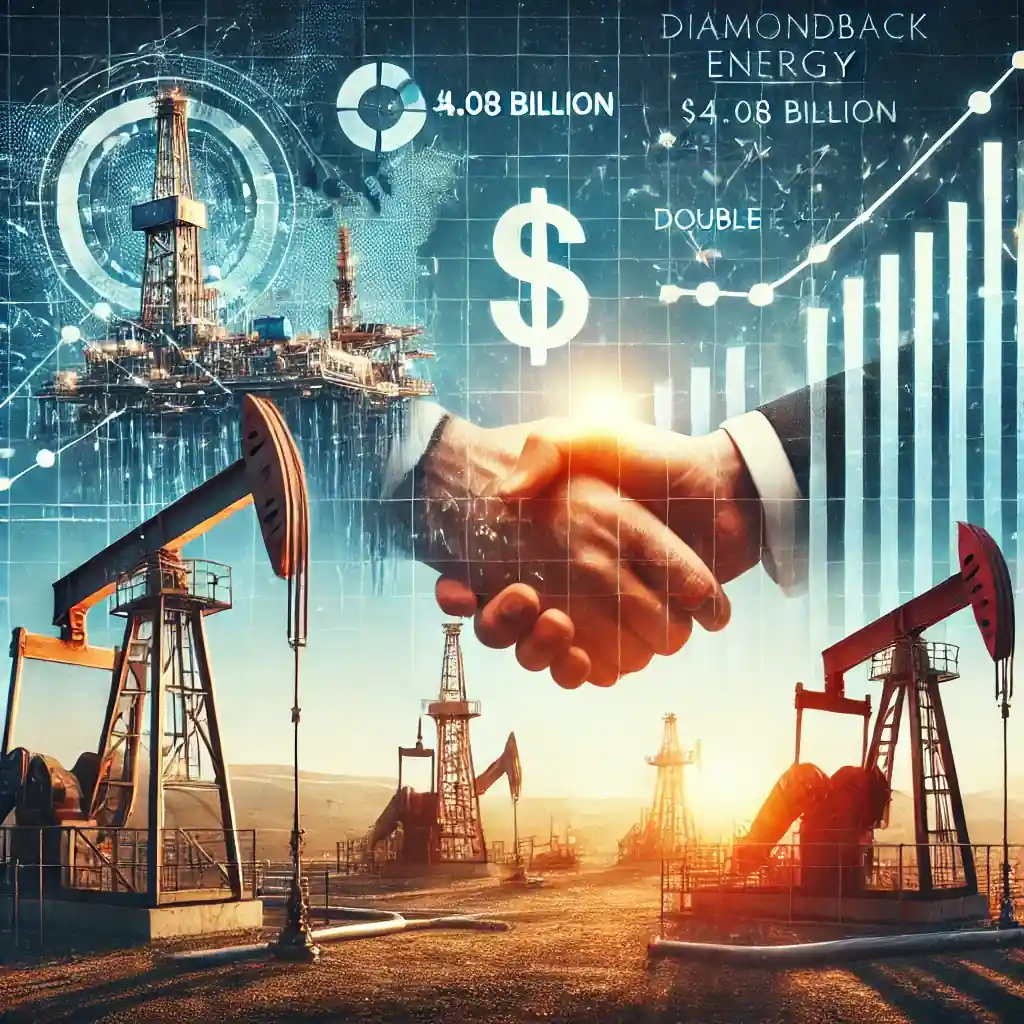 Illustration réaliste montrant l'expansion de Diamondback Energy après l'acquisition de Double Eagle, avec un site pétrolier actif dans le bassin permien et des éléments financiers représentant la croissance.