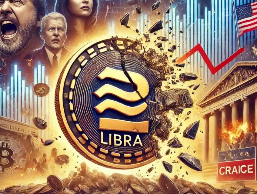 An illustration of a shattered Libra digital coin falling against crashing financial charts, political figures, and investors reacting to losses