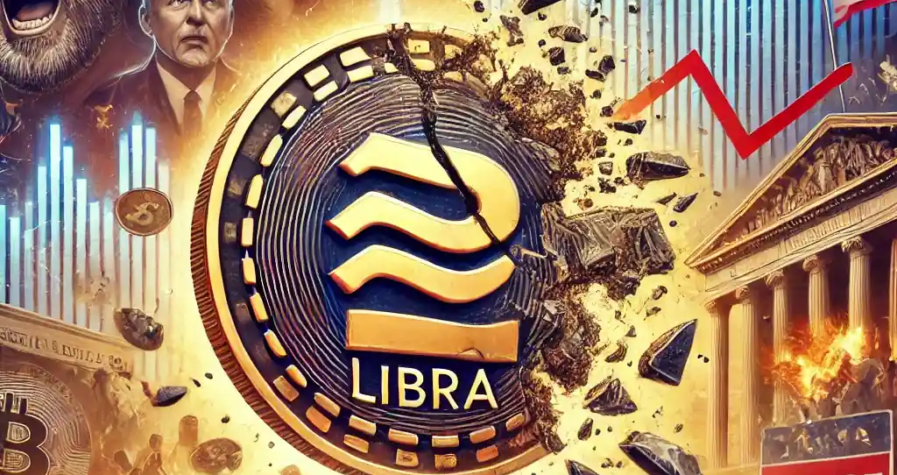 An illustration of a shattered Libra digital coin falling against crashing financial charts, political figures, and investors reacting to losses