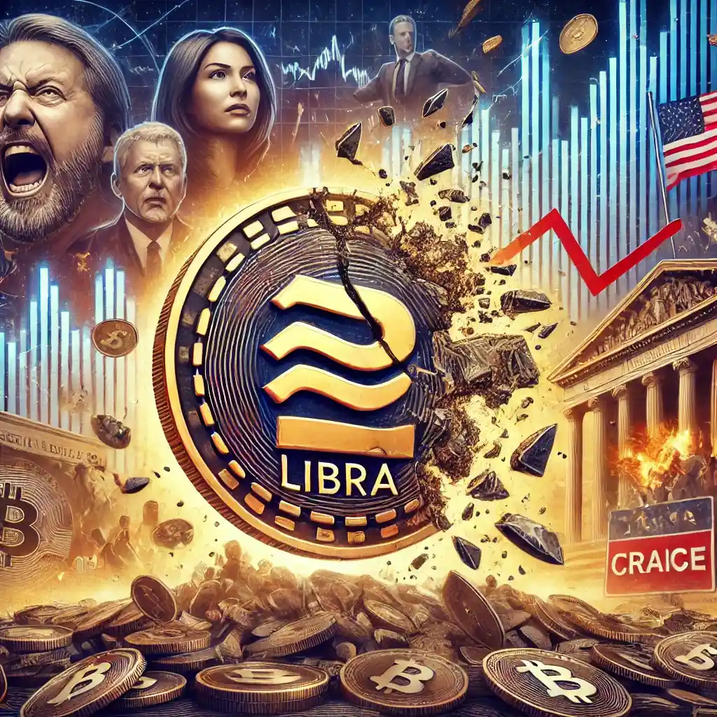 An illustration of a shattered Libra digital coin falling against crashing financial charts, political figures, and investors reacting to losses