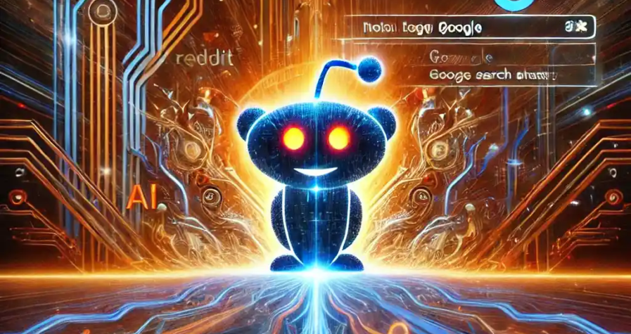 Illustration numérique futuriste représentant l’influence des algorithmes d’IA et de Google sur Reddit, avec un flux de données symbolisant le trafic généré par l’optimisation des moteurs de recherche.