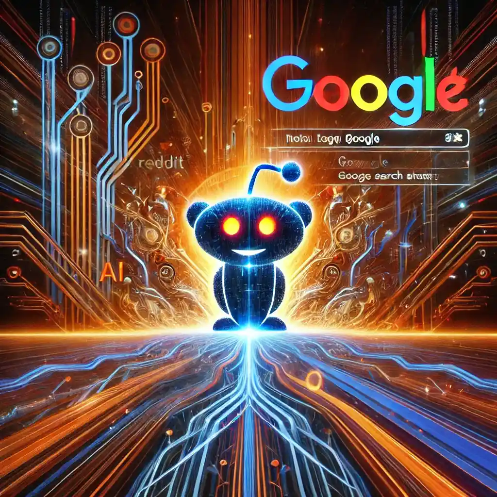 Illustration numérique futuriste représentant l’influence des algorithmes d’IA et de Google sur Reddit, avec un flux de données symbolisant le trafic généré par l’optimisation des moteurs de recherche.
