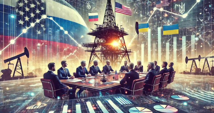 Illustration représentant une réunion diplomatique entre les représentants des États-Unis, de la Russie et de l’Ukraine, avec en arrière-plan une plateforme pétrolière et un graphique boursier fluctuant, symbolisant l’impact des négociations sur les prix du pétrole.