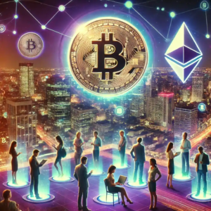 Illustration futuriste représentant l’inclusion financière par la crypto-monnaie, avec des utilisateurs accédant à des plateformes décentralisées et des symboles de Bitcoin et Ethereum flottant au-dessus d’une ville lumineuse.