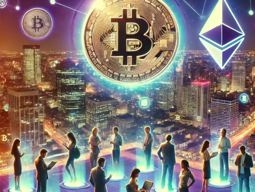Illustration futuriste représentant l’inclusion financière par la crypto-monnaie, avec des utilisateurs accédant à des plateformes décentralisées et des symboles de Bitcoin et Ethereum flottant au-dessus d’une ville lumineuse.