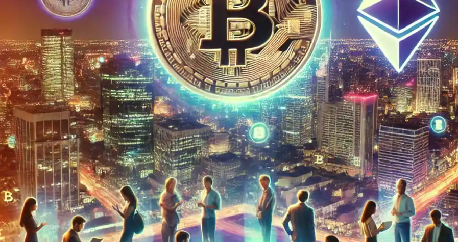 Illustration futuriste représentant l’inclusion financière par la crypto-monnaie, avec des utilisateurs accédant à des plateformes décentralisées et des symboles de Bitcoin et Ethereum flottant au-dessus d’une ville lumineuse.