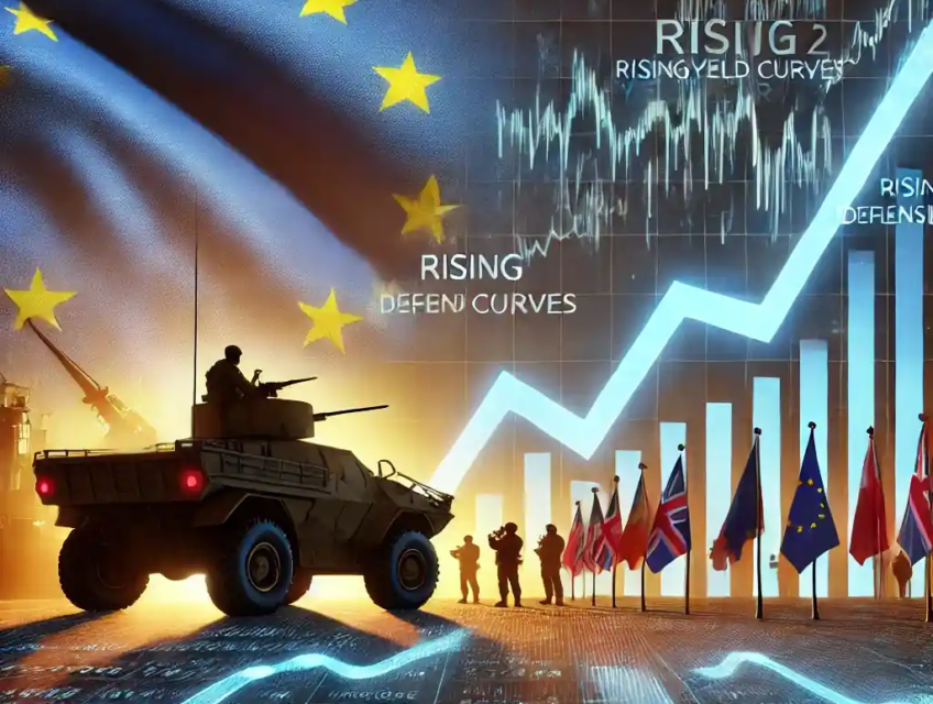 Illustration représentant la baisse des obligations européennes, avec des graphiques financiers montrant la montée des rendements et des dépenses militaires croissantes en arrière-plan.