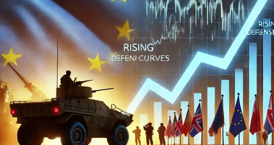Illustration représentant la baisse des obligations européennes, avec des graphiques financiers montrant la montée des rendements et des dépenses militaires croissantes en arrière-plan.