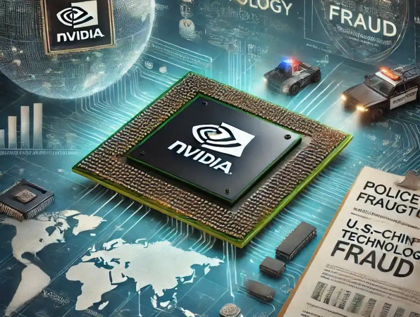An illustration featuring an Nvidia AI chip with legal documents, police investigation elements, a global trade map, and U.S.-China technology restrictions.