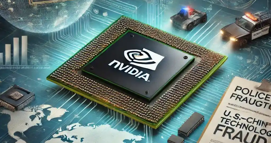 An illustration featuring an Nvidia AI chip with legal documents, police investigation elements, a global trade map, and U.S.-China technology restrictions.