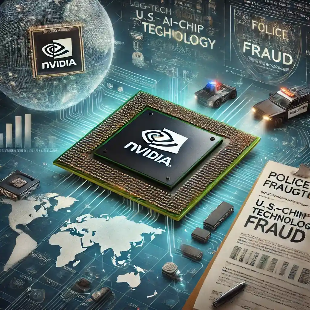 An illustration featuring an Nvidia AI chip with legal documents, police investigation elements, a global trade map, and U.S.-China technology restrictions.