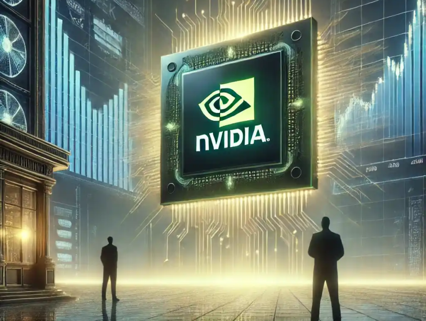 Illustration futuriste montrant Nvidia face à un défi de taille avec l’émergence de DeepSeek dans le secteur de l’intelligence artificielle.