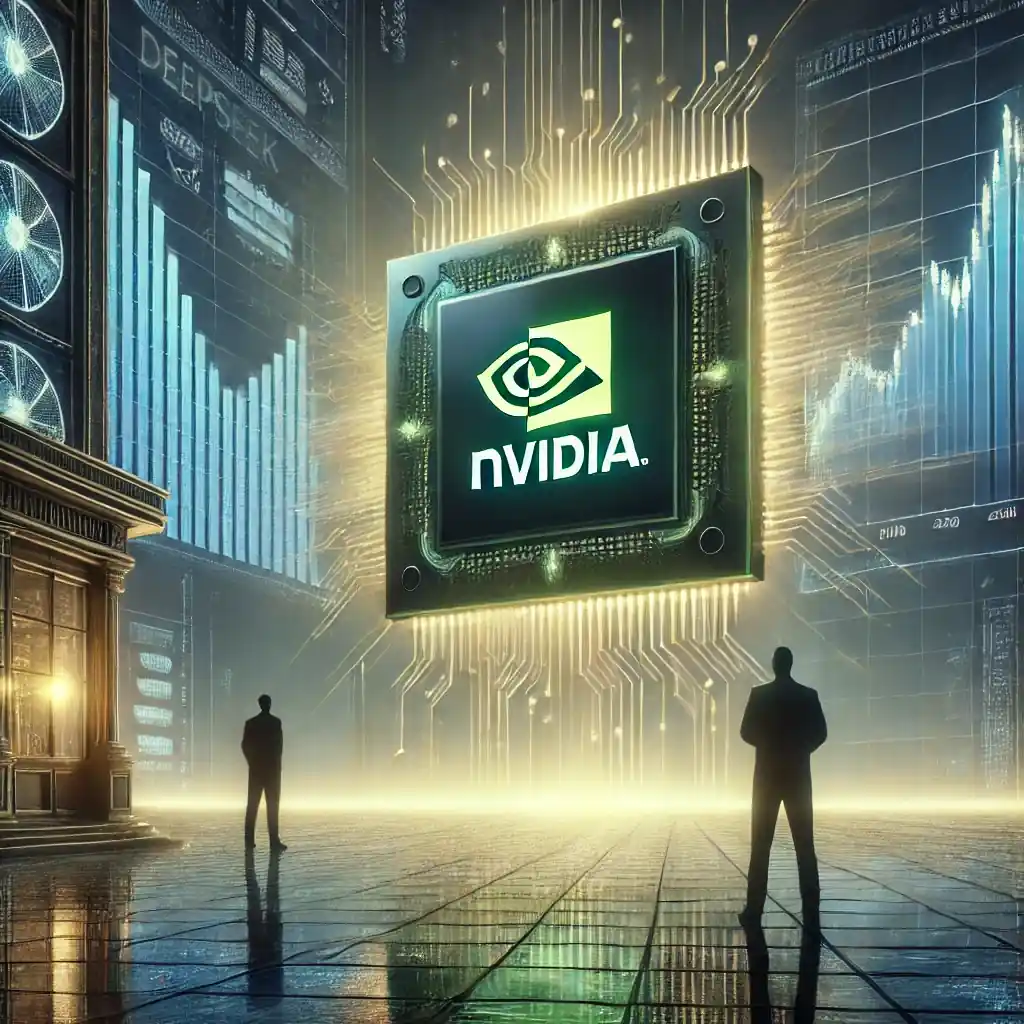Illustration futuriste montrant Nvidia face à un défi de taille avec l’émergence de DeepSeek dans le secteur de l’intelligence artificielle.