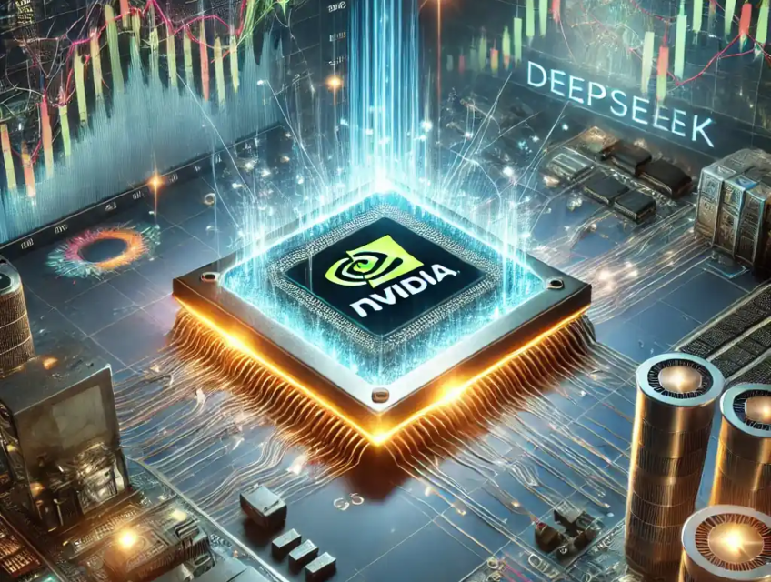 An illustration featuring an Nvidia chip glowing with data streams, financial stock charts, AI server infrastructure, and competing AI models like DeepSeek.