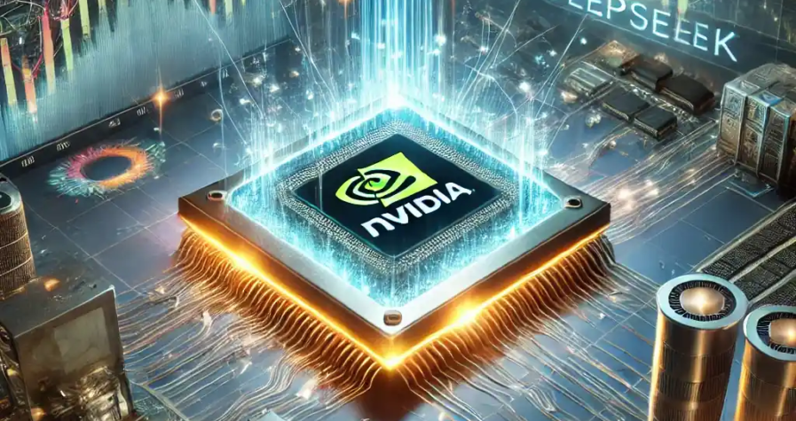 An illustration featuring an Nvidia chip glowing with data streams, financial stock charts, AI server infrastructure, and competing AI models like DeepSeek.