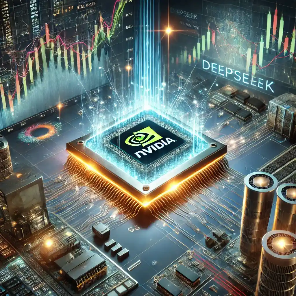 An illustration featuring an Nvidia chip glowing with data streams, financial stock charts, AI server infrastructure, and competing AI models like DeepSeek.