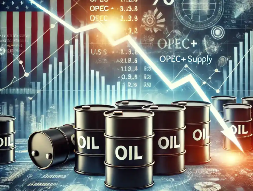An illustration featuring oil barrels with a downward-trending price graph, U.S. tariff symbols, economic indicators, and OPEC+ supply charts.
