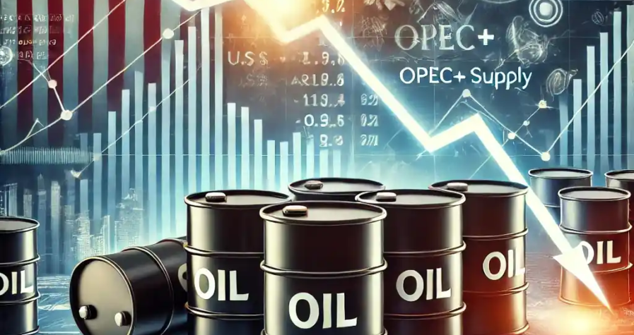 An illustration featuring oil barrels with a downward-trending price graph, U.S. tariff symbols, economic indicators, and OPEC+ supply charts.