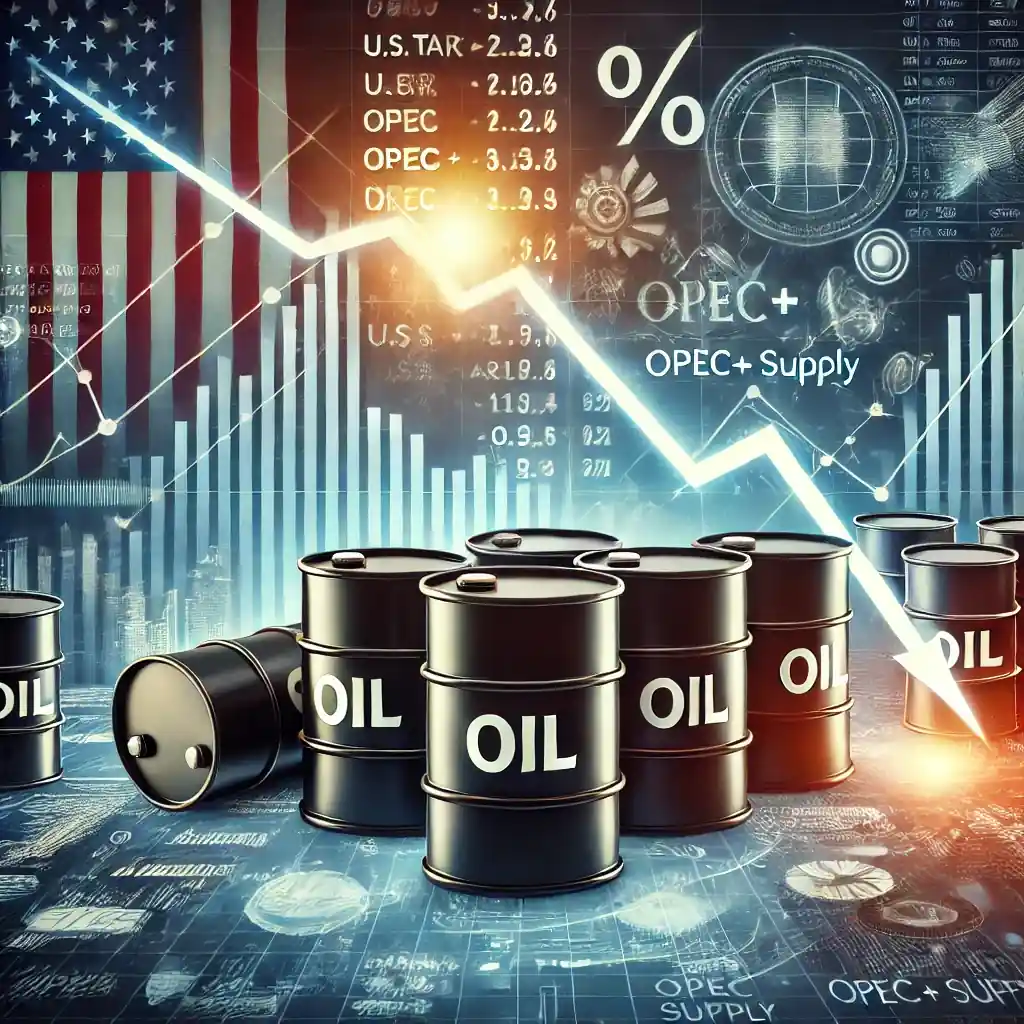 An illustration featuring oil barrels with a downward-trending price graph, U.S. tariff symbols, economic indicators, and OPEC+ supply charts.