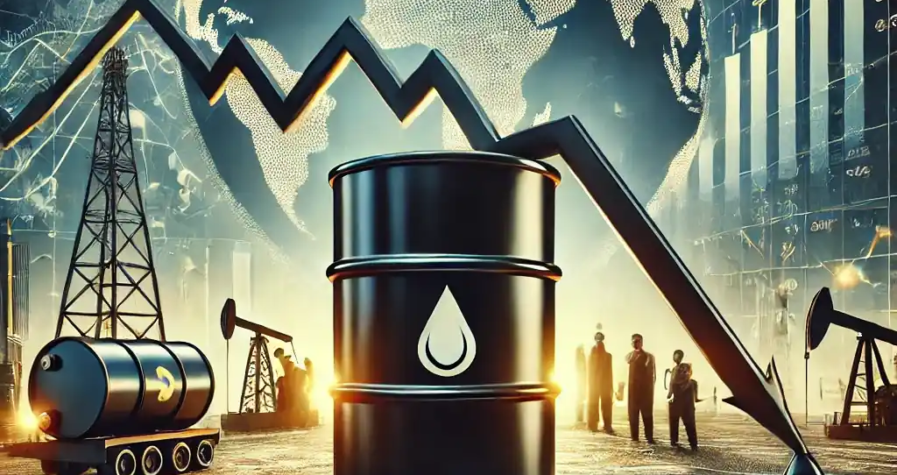 An illustration of an oil barrel with a downward price graph, diplomatic negotiations, stock market data, and oil storage tanks.