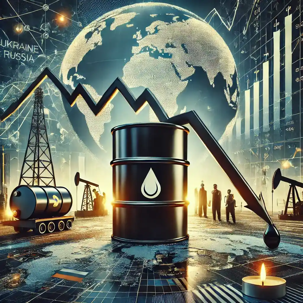 An illustration of an oil barrel with a downward price graph, diplomatic negotiations, stock market data, and oil storage tanks.