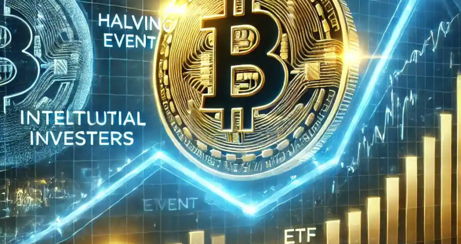 Illustration futuriste représentant l'ascension du Bitcoin vers 500 000 $, avec un graphique financier en hausse, un compte à rebours de halving et des institutions en arrière-plan.