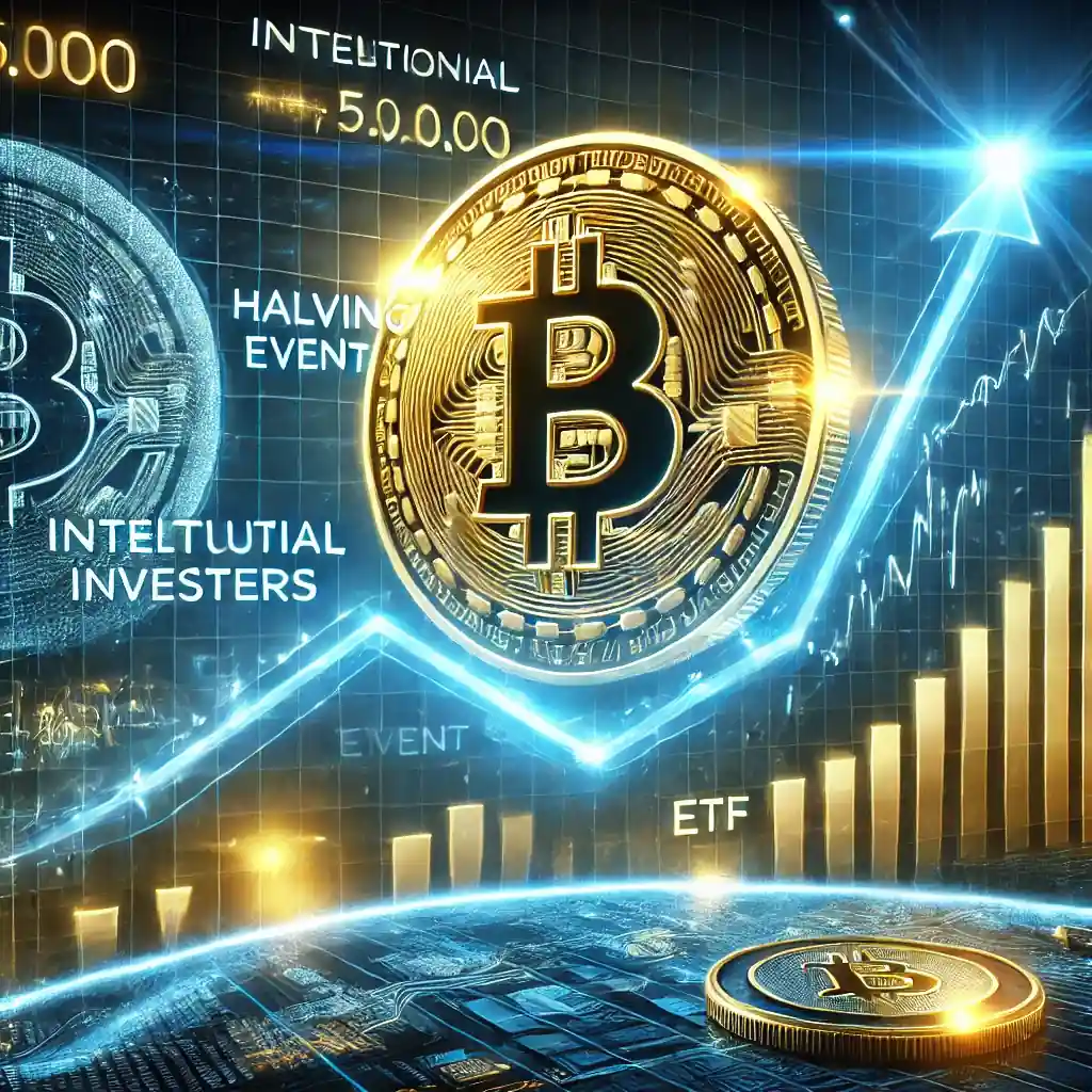 Illustration futuriste représentant l'ascension du Bitcoin vers 500 000 $, avec un graphique financier en hausse, un compte à rebours de halving et des institutions en arrière-plan.