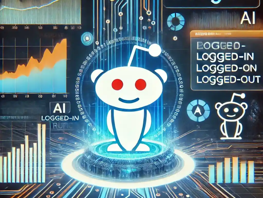 An illustration featuring the Reddit logo, digital traffic analytics, logged-in vs. logged-out user graphs, a Google search bar, and AI data streams.
