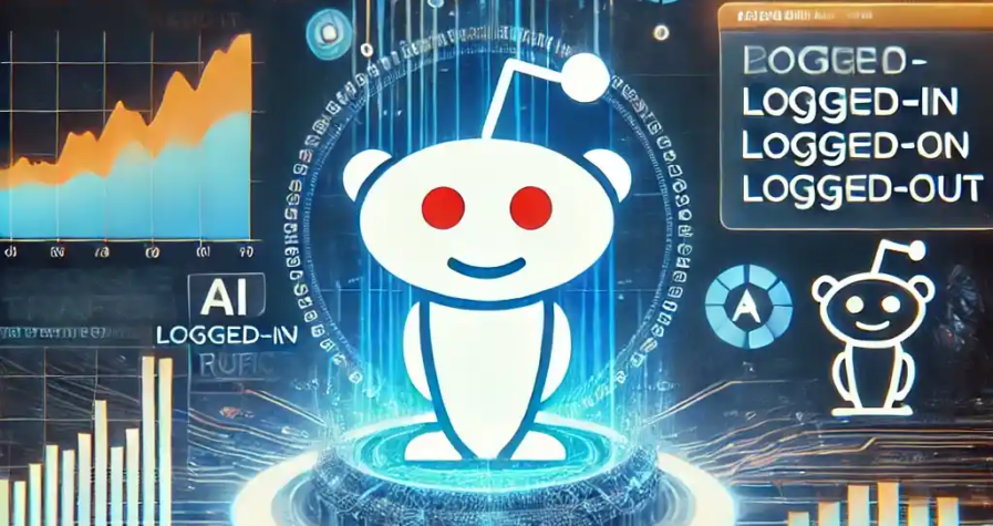 An illustration featuring the Reddit logo, digital traffic analytics, logged-in vs. logged-out user graphs, a Google search bar, and AI data streams.