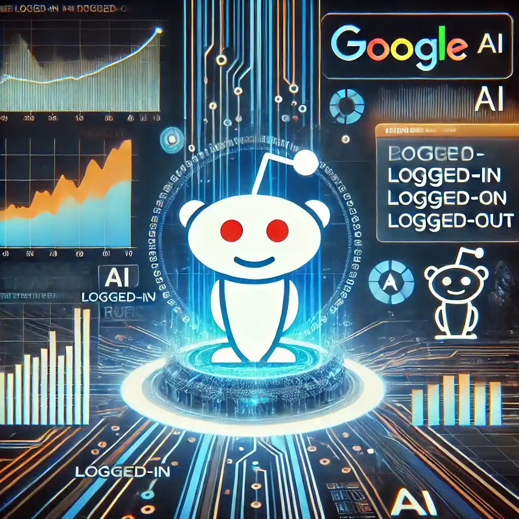 An illustration featuring the Reddit logo, digital traffic analytics, logged-in vs. logged-out user graphs, a Google search bar, and AI data streams.