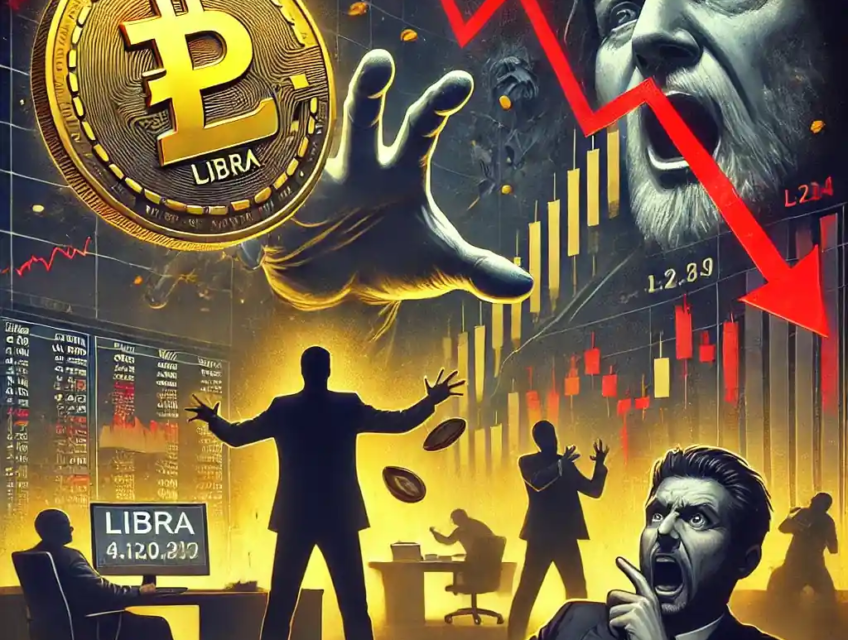 Illustration dramatique représentant la chute de la crypto Libra en Argentine, avec des investisseurs paniqués et un marché en déclin.