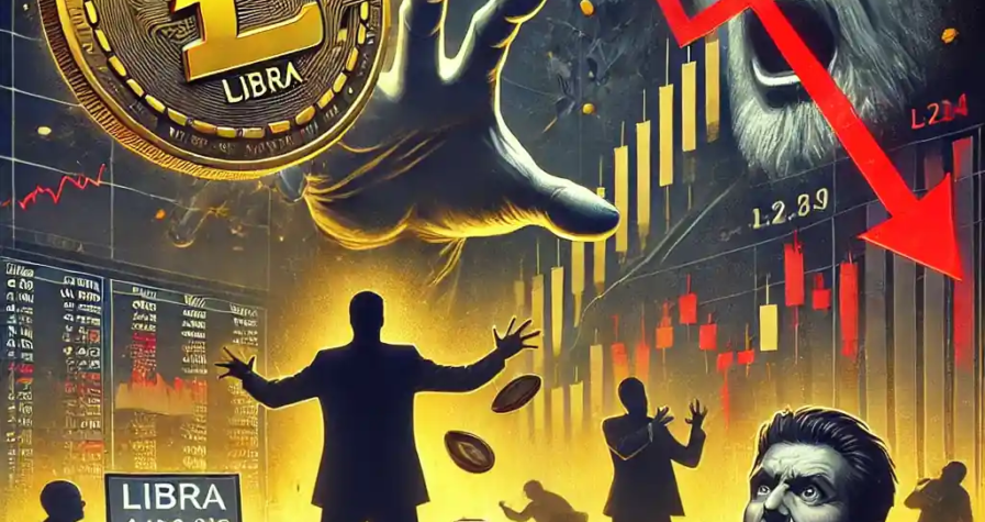 Illustration dramatique représentant la chute de la crypto Libra en Argentine, avec des investisseurs paniqués et un marché en déclin.