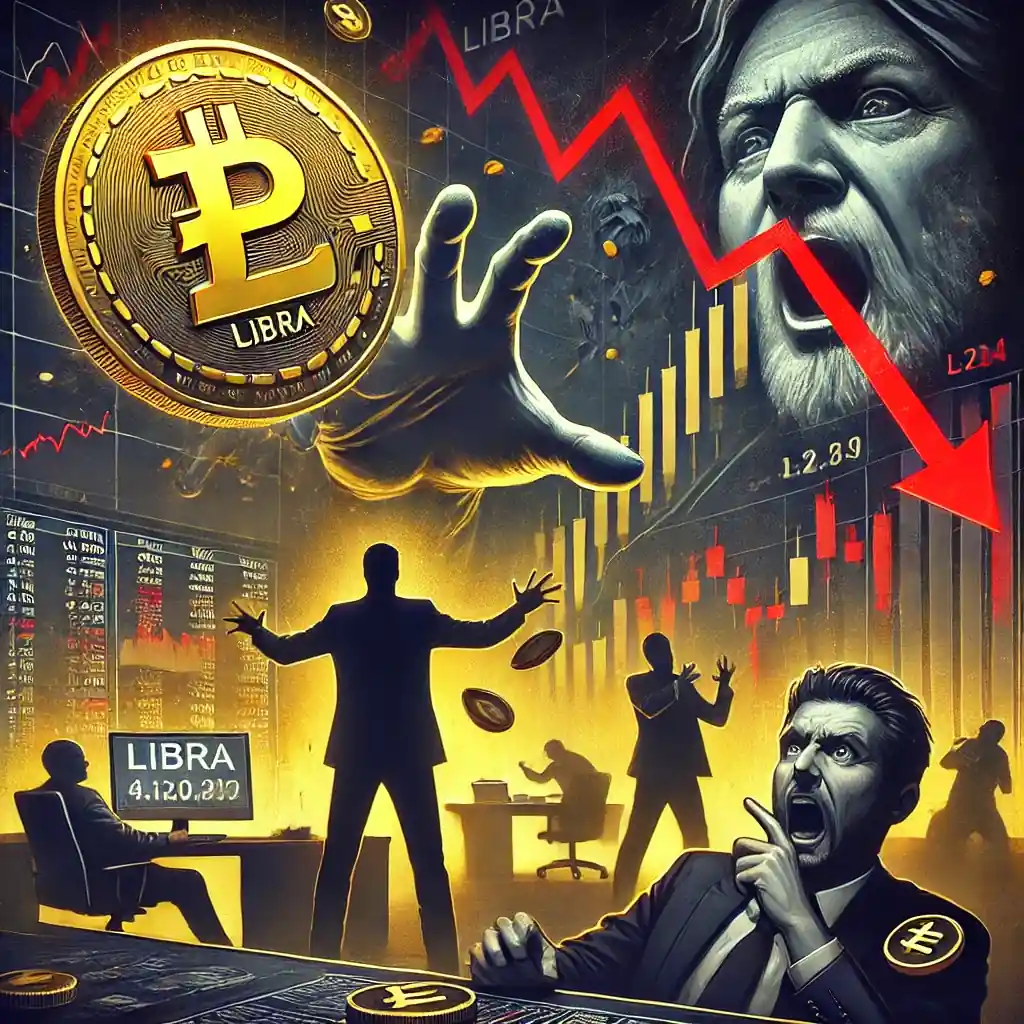 Illustration dramatique représentant la chute de la crypto Libra en Argentine, avec des investisseurs paniqués et un marché en déclin.