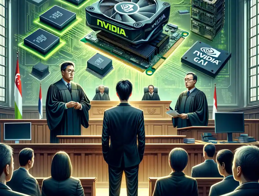 Illustration d’un procès à Singapour mettant en cause une fraude liée aux puces Nvidia et l’intelligence artificielle.