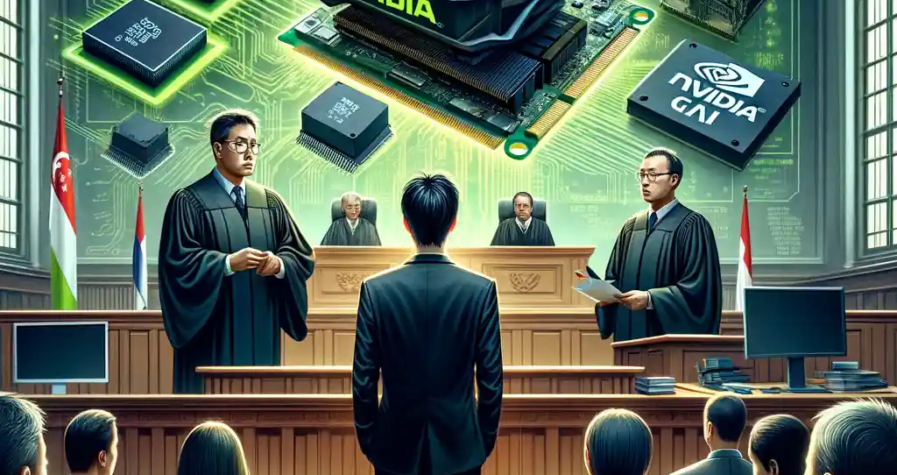 Illustration d’un procès à Singapour mettant en cause une fraude liée aux puces Nvidia et l’intelligence artificielle.