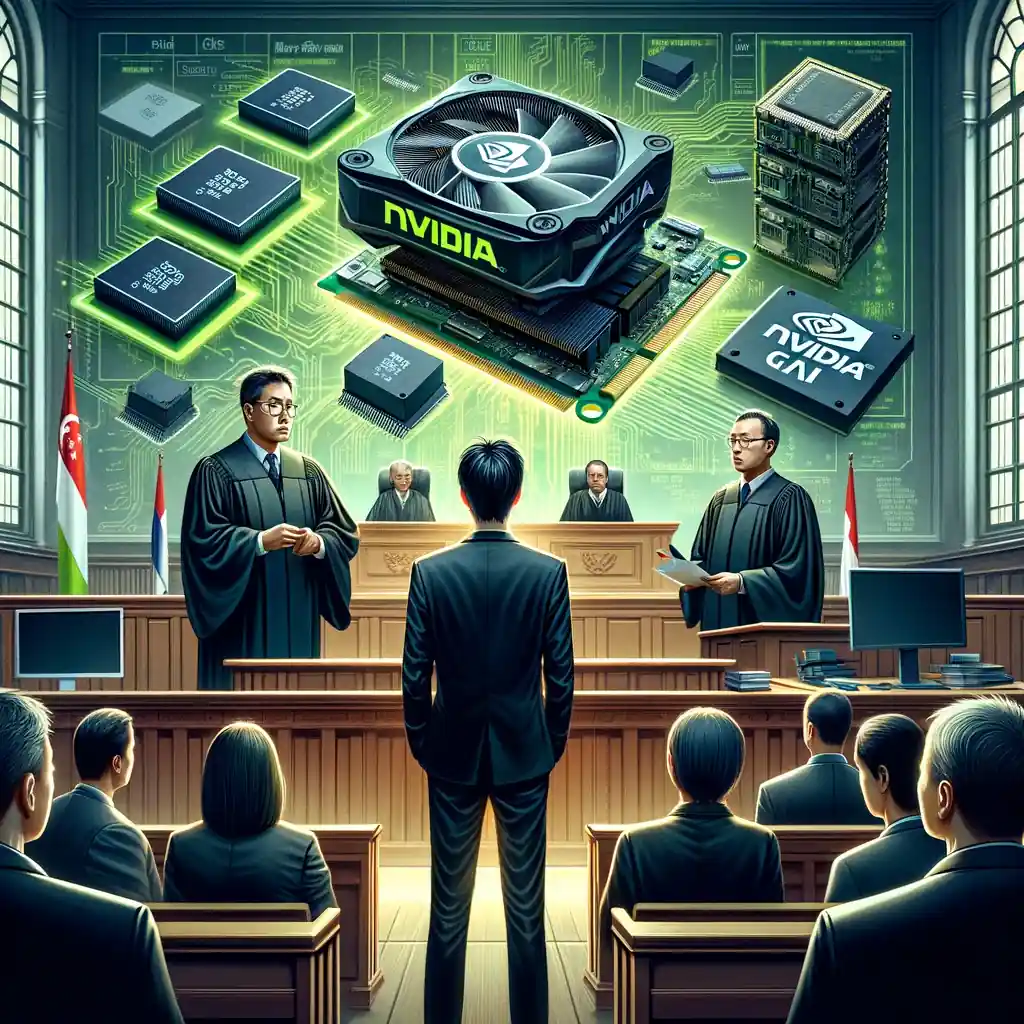 Illustration d’un procès à Singapour mettant en cause une fraude liée aux puces Nvidia et l’intelligence artificielle.