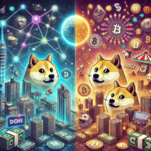 Illustration futuriste comparant la blockchain Solana (SOL) avec les memecoins comme Dogecoin, mettant en évidence la stabilité et l'innovation contre la volatilité et la spéculation.