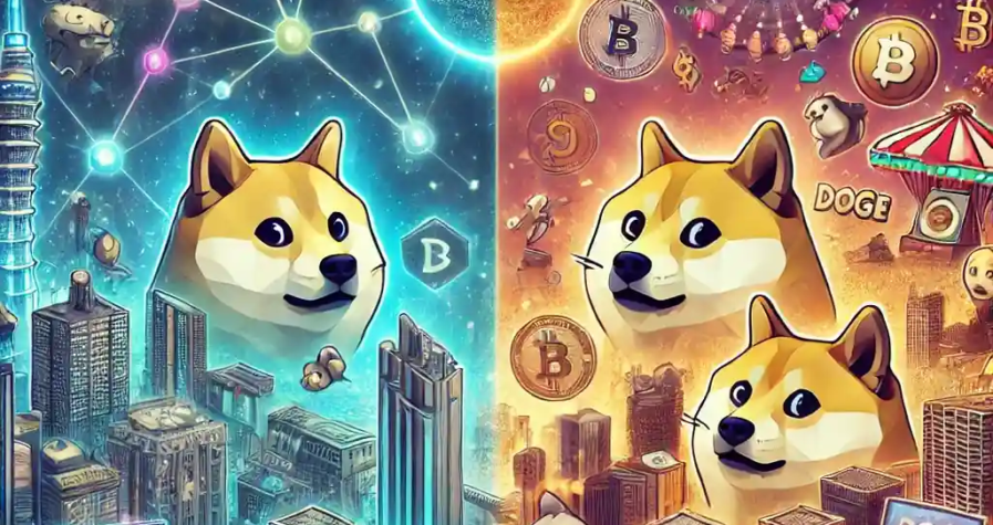 Illustration futuriste comparant la blockchain Solana (SOL) avec les memecoins comme Dogecoin, mettant en évidence la stabilité et l'innovation contre la volatilité et la spéculation.