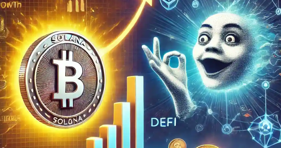 An illustration featuring a glowing Solana coin with financial growth charts, contrasted with cartoon-like meme coins symbolizing volatility and speculation.