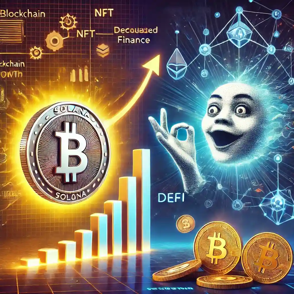 An illustration featuring a glowing Solana coin with financial growth charts, contrasted with cartoon-like meme coins symbolizing volatility and speculation.