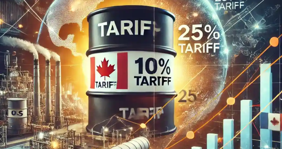 An illustration featuring an oil barrel labeled with '10% Tariff' and '25% Tariff,' a U.S. refinery, trade route maps, and financial charts.